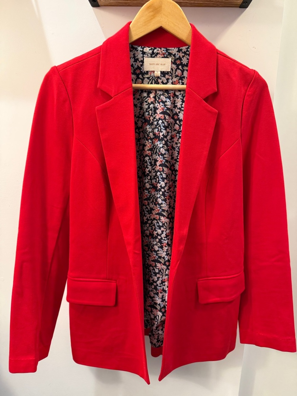 Skies Are Blue Red Open-Front Blazer with Floral Lining